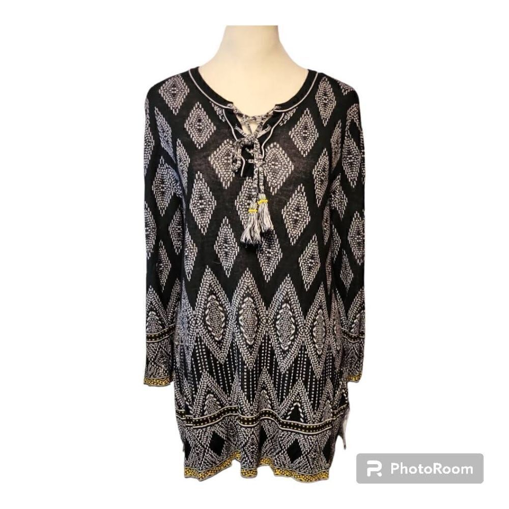 Ruby Rd. “Ivory Coast” Women's Size PL Black/White Boho Style Lace & Tassel Top